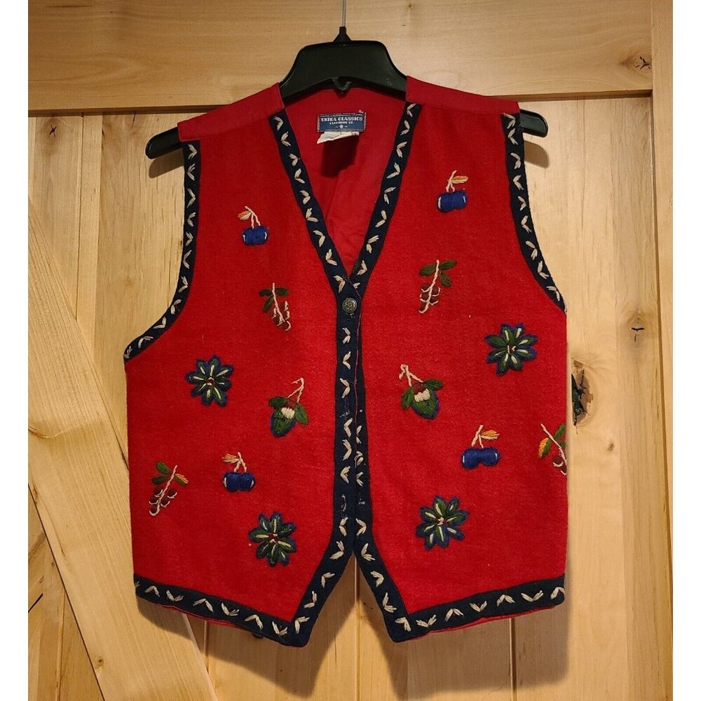 Vtg Erika Classics Wool Blend Vest Womens Sz L Metal Button Jacobean Embroidery